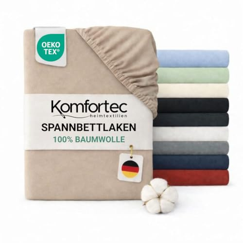 Komfortec Spannbettlaken Jersey 100% Baumwolle – 120x200 cm – 135g/m² – Weich, Atmungsaktiv & Hautfreundlich – Mit Rundumgummi – Oeko-Tex Zertifiziert – Für Boxspring, Topper & Matratzen – Beige