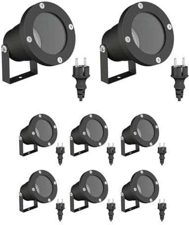 ledscom.de 8x Gartenstrahler DUK für außen, IP65, Stecker, schwarz, 1x GU10 max. 15W