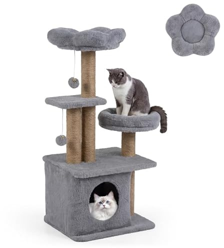 GOPLUS Kratzbaum, 96 cm Katzenbaum mit blumenförmiger Plattform, Höhle, Bett, Katzenkratzbaum mit 3 Kratzsäulen, 2 Plüschbälle, mehrstöckiger Katzenturm für große & kleine Katzen (Hellgrau)