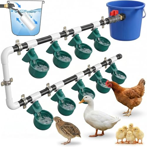 Hühnertränke - Automatisches Geflügel-Bewässerungssystem, Hühner-Enten-Gans-Wasserspender, mit 9 Trinkbechern und 10 Wasserrohren, für die Tränkung von Hühnern, Enten und Gänsen