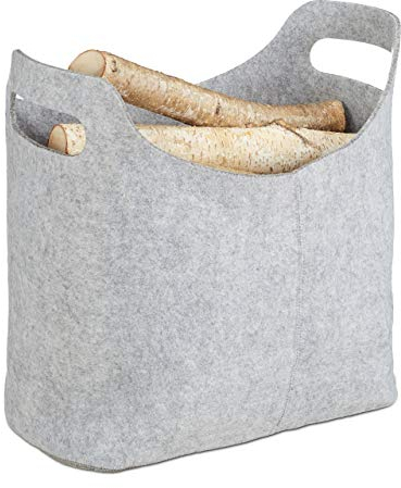 Relaxdays Kaminholzkorb aus Filz, HxBxT: 39,5 x 40 x 23 cm, 2 Griffe, faltbar, Zeitungshalter, Filzkorb, grau