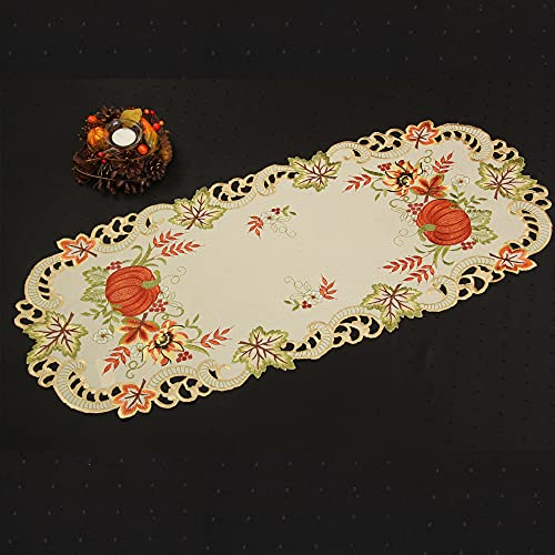 Quinnyshop Kürbis und Sonnenblume Stickerei Tischläufer 40 x 90 cm Polyester, Creme