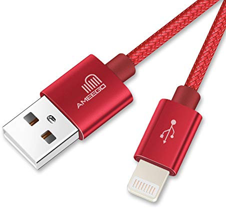ameego 3.3ft Strong Nylon Braided Lightning to USB iPhone Cable with Compact Connector for iPad air 2/iPad Mini/iPhone X/8/8 Plus/7/7 Plus/6/6 Plus/6S/6S Plus/5/5S/SE and More (Red)