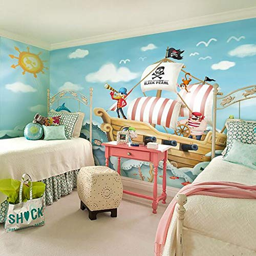 Mur de fond de chambre enfants grand dessin animé, bateau de pirate 3D de la Méditerranée, peinture murale transparente garçon chambre de papier peint, 300 × 210cm