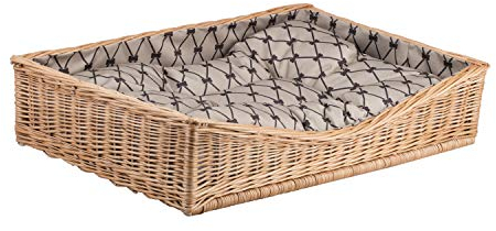 e-Wicker24 Panier en Osier pour Chien rectangulaire doublée avec Joli Coussin Beige imprimé Petits os marons (Beige)