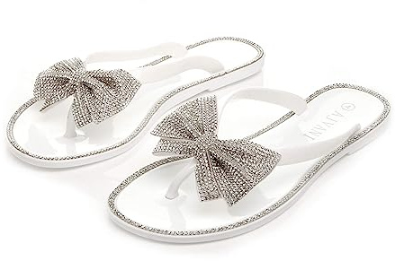 AJVANI Womens ladies flat jelly diamante bow summer flip flops toe post sandals size
