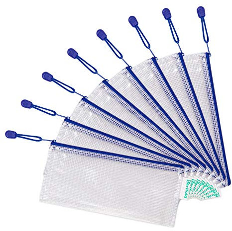 Tarifold Fr 509041 Lot de 8 pochettes en plastique à carreaux format zippé Transparent pour le bureau, les voyages, l'école, la maison, bleu, 25 x 13 cm
