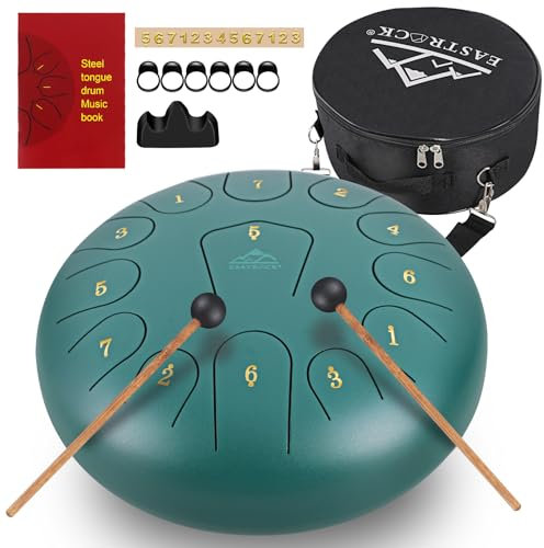 EASTROCK Steel Tongue Drum 13 Noten 12 Zoll Percussion Instrument Handpan Drum C Key für Meditation Entertainment Konzert Yoga mit Reisetasche, Schlägel, Musikbuch (Grün)