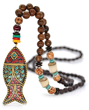 Lange buddhistische Halskette EXINOX mit Holzperlen : Ethnischer Buddha : Damen, Holz