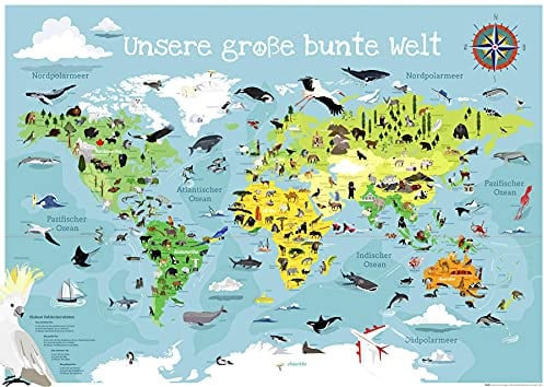 Close Up Kinder Weltkarte XXL Poster - Unsere große Bunte Welt 140 x 100 cm - handgezeichnete und kolorierte Panorama Kinderweltkarte + Ü-Poster