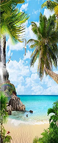 A.Monamour Sticker Porte Autocollant Poster De Porte 3D Plage De Sable avec Palmiers Paysage D'Île Tropicale Vinyle Affiche De Porte Sticker Mural Papier Peint Art Décor 90 x 200 cm