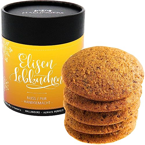 Hallingers Nuss (pur) - 5 saftige Elisen-Lebkuchen hoher Kernanteil handgemacht in edler Papierdose (Dose) - Valentinstag als Geschenk für ihn & Geschenk für sie | Danke Silvester Neues Zuhause Genesu