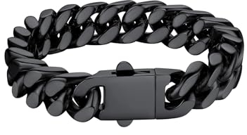 Bestyle Armband für Männer Herren 12,5MM breit Fashion Kettenarmband Damen Kubanische Miami Armkette Schwarz Länge 23cm mit Geschenkbox