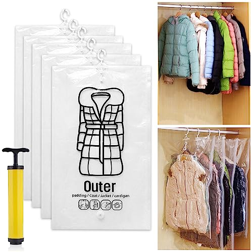 Udbrud Hanging Vacuum Storage Bag, Pack of 5 Vacuum Bags, Reusable Space Saver Compressed Bag with Clothes Hooks and Air Pump, Space Saver Compressed Bag for Dresses, Coats, Down Jackets
