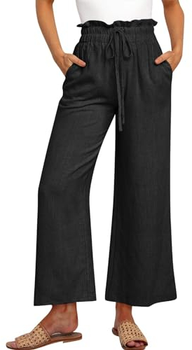 Weite Hosen Damen Plissee Hose Damen Kompressionsstrumpfhose Damen Einfarbiges Knopfleiste 7/8 Hosen Mit Taschen Baumwoll Leinen Locker Chino Hose Leicht Stoffhose Freizeithose Damen (Schwarz Xxl)