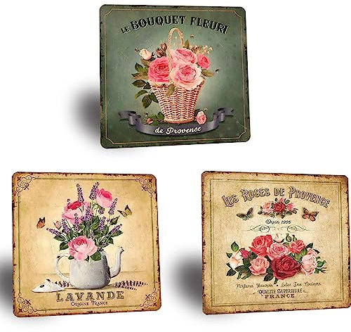 XIAOMA Lot de 3 Plaque Metal Vintage pour Décoration Murale de Jardin,Fleurs - la Lavande,le Roses,Idée de Cadeau pour Maison Cuisine Ferme Magasin 30,5 X 30,5cm