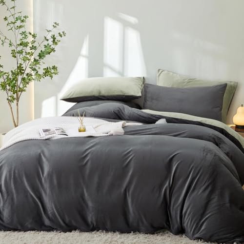 Lanqinglv Flauschig Bettwäsche 200x220 cm Grün Grau Winter Plüsch Flanell Fleece Wendebettwäsche Set Warme Cashmere Touch Biber Bettbezug mit Reißverschluss und 2 Kissenbezug 80x80cm