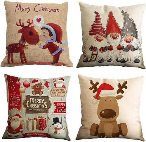 Anyingkai Copricuscini Natalizi,Federa Natalizie,4 Pack Federe Cuscini Natalizi,Natale Fodere per Cuscini,Natalizie Federa per Cuscini,Divano Natale Copricuscini (Cartoon50*50)
