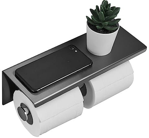 Porte-papier toilette avec étagère pour téléphone, distributeur mural en acier inoxydable pour salle de bain (double rouleau, noir)