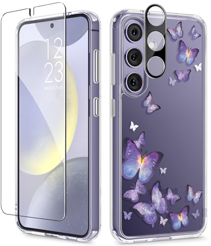 GVIEWIN kompatibel mit Samsung Galaxy S24 Hülle 6,2 2024, mit Displayschutz Schutzfolie + Kamera Schutzfolie, Blume Klar PC + TPU Dünn Stoßfest Kratzfest Handyhülle, Verführerischer Schmetterling