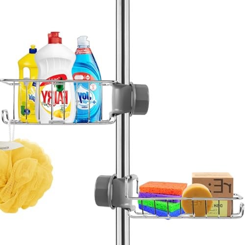 CUTLERIA 2 Pcs No-Drill Shower Caddy, Rustproof Stainless Steel Hanging Shelf Rack for Shower Riser Rail (18–27mm), Bathroom Organizer with Hooks, Silver