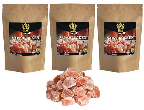 HAF Rosa Salzbrocken 3 kg | Grobe Steinsalz Brocken ohne Zusätze und naturbelassen aus der Salt Range in Pakistan | Salzsteine | Solebrocken | Größe: 2-5 cm | Menge: 3 x 1 kg im Beutel