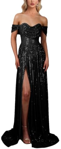 Luxuriöses Abendkleid für Damen, A-Linie, bodenlang, Hochzeit, Partykleid, rückenfrei, geteilte Pailletten, Abschlussball, Cocktailkleid, langes Kleid, Schwarz , L