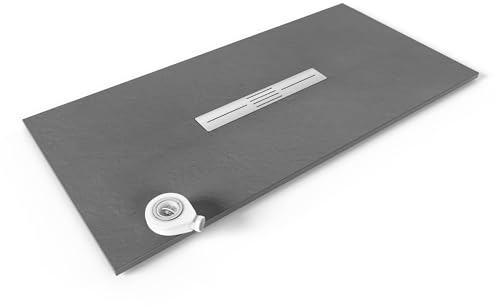 Moments of Glass SMC Duschwanne LUMIA 90x180 cm Grau RAL7030 extra flache robuste Duschtasse aus langlebigem SMC, ANTI-Rutsch-Oberfläche in Schieferoptik inkl. Ablaufgarnitur und Edelstahl Deckel