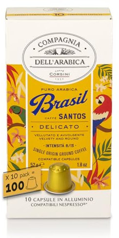 Caffè Corsini - Brésil 100 Capsules Compatibles Nespresso, Café 100% Arabica, Intensité 9/13, 10 Boîtes de 10 Capsules, 520g