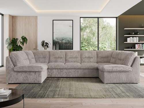 MKS MEBLE Sofa XXL U-Form Grau Cord Wohnlandschaft U-Form mit Schlaffunktion, Sofa mit Schlaffunktion, Schlafsofa mit Topper, Wohnzimmer Couch mit schlaffunktion, Morbido U - Hellgrau Cord