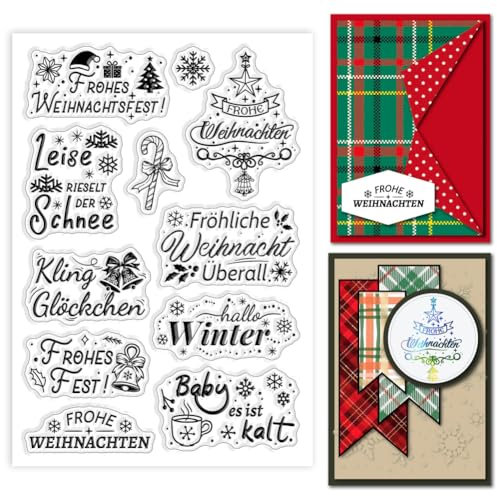 GLOBLELAND Weihnachtsstempel Mit Deutschem Text Weihnachtsbaum Stempel Glöckchen Silikonstempel Für DIY Scrapbooking Fotoalbum Dekorative Karten 6.3x4.33Inch