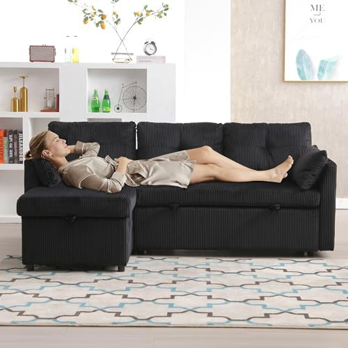 HAINEW Moderner Ecksofa Eckcouch Mit Schlaffunktion und Bettkasten, Polstermöbel 3 Sitzer Sofa Couch mit Kissen und Armlehnen, Samt Loungesofa Bequemes Sofa für Wohnzimmer (Schwarz + Samt)
