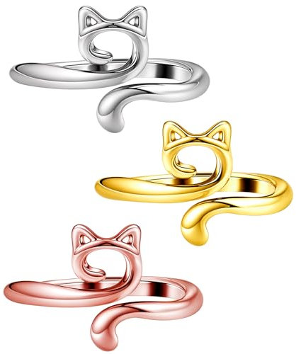 Dimeho 3er-Pack verstellbare Strickringe Häkelgarnführungshalter niedliche Katzen-Fingerschlaufe weit offener Webhaken geflochtener Fingerhut DIY-Handwerk Pullover Schal (Silber, Gelb, Rosa)