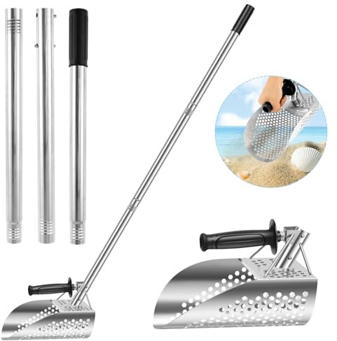 KTCINA Beach Sand Scoop, 55Inch Long Handle Sand Scoop Adjustable Stainless Steel Metal Detecting Shovel Detachable Sand Scoop Shovel Metal Detector Scoop for Sand Sifting and Treasure Hunting