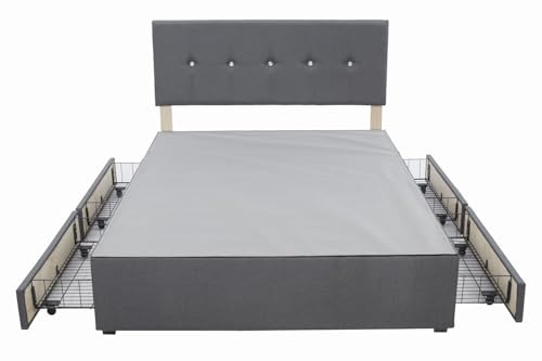 Panana 3ft 4ft 4ft6 5ft 6ft Size Grey Linen Divan Bed Base with Diamonds Headboard, Optional Drawers for Bedroom (5FT King, 4 Drawers)