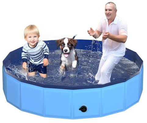 CACSPS 180x30 cm Faltbarer Hundepool – zusammenklappbarer Kinderpool aus Hartplastik für Hunde und Kinder, rutschfeste Haustierbadewanne für den Außeneinsatz im Garten, leicht und tragbar (Blau)