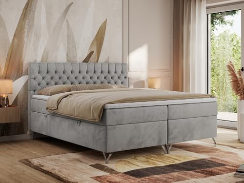 MKS MEBLE Boxspringbett 180x200, Bett mit Matratze H4, Boxspringbett mit Bettkasten und Topper, Polsterbett mit Füße - GRIMALDI - 180x200 - Hellgrau Velvet - H3