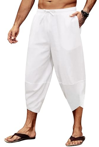CMTOP Pantalones Casuales Anchos Largos para Hombre - Verano - 100% Algodón - Cintura Elástica con Cordón - 4 Bolsillos - Blanco - Talla XXL