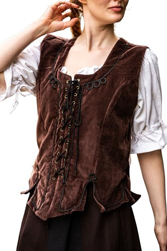 Leonardo Carbone® Damen Weste Miederweste Odette | Schnürung Vorne | Stickerei Konturen | Karneval, Halloween, Cosplay, LARP, Mittelalter, Kostüm, Jacke, Mantel | 100% Baumwolle Dunkelbraun XL