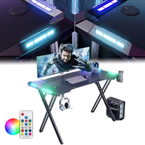 LZQ Tavolo da Computer, 120 x 60 cm, Scrivania Gaming Ergonomica, con Porta Bevande e Gancio per Cuffie, Tavolo da Gioco con Superficie in Fibra di Carbonio, per Camera da Letto, Studio
