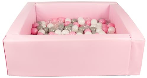 Velinda Bällebad Bällepool Bällebecken Spielbecken Kinderpool quadratisch 200 Bälle (Farbe des Pools/der Bälle: rosa/weiß, transparent, rosa, grau)