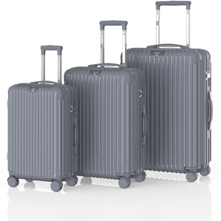 Voyagoux Kofferset 3 teilig - 40L, 72L & 116L, Hartschalenkoffer mittelgroß und Klein, Rollkoffer, TSA-Schloss, ABS, Reisekoffer mit Rollen, 4X 360° Rollen, Robust und Leichtgewicht Suitcase, Grau
