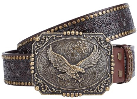 FREEBLOSS Cowboy-Gürtel mit Adler-Schnalle, Western-Gürtel, PU-Leder, Geschenk für Damen und Herren, Antik-Zinnfarbe, 124 x 3,6 cm