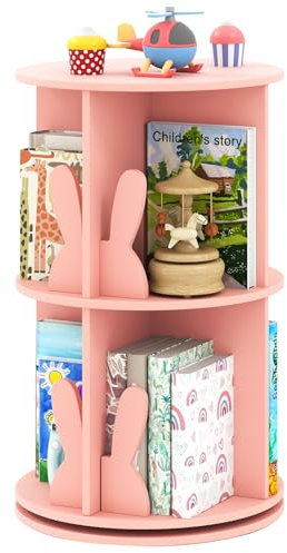COSTWAY Bibliothèque Enfant Rotative à 360°à 2 Niveaux avec 8 Compartiments Ouverts, Étagère à Livres avec Cloisons en Forme Lapin, Patins Antidérapants pour Chambre d'enfant Salon (Rose)