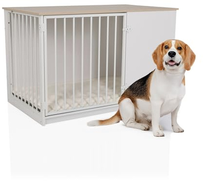 hjh LIVING Hundebox für Zuhause, 102x60x65,5 cm PAWHOME XL Hundekäfig inkl. Edelstahlnäpfe, Hundehaus mit Tür bis 30kg belastbar, Weiß/Eiche