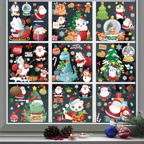 OdiuK Fensterbilder Weihnachten, 120 Stück Fenstersticker selbstklebend | wiederverwendbare PVC-Fenstersticker mit winterlichen Motiven für Fenster, Spiegel, Schränke und Glastüren