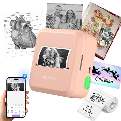 Ablemark M50 Mini Drucker fürs Smartphone, mit Bluetooth und Thermodruck | Ohne Tinte: selbstklebende Etiketten, Notizen und Karten in Schwarz-Weiß; iOS/Android-App, 1 Papierrolle inklusive.