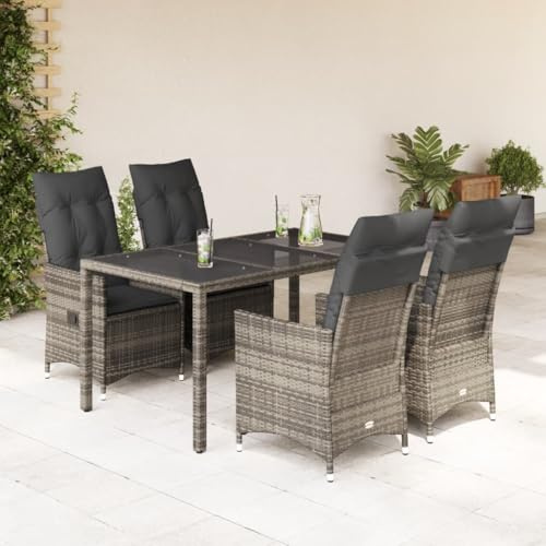 Mandloder 5-TLG. Garten-Essgruppe, Grau Poly Rattan, verstellbare Relaxsessel, Hartglas-Tisch, UV-beständig, wetterfest, für Garten, Terrasse, Balkon, 150x90x75 cm