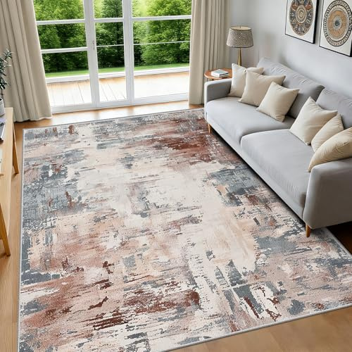 FTCJWL Vintage Kurzflor Waschbar 120x180cm Teppich Grau Terracotta Modern | Teppich im Distressed-Look, antikes Vintage-Muster, rutschfeste Unterseite, pflegeleicht für stark genutzte Räume