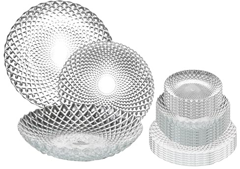 Deconation Service De Table 18 Pièces En Verre Effet Rosaces Diamants - Assiettes Toutes En Verre